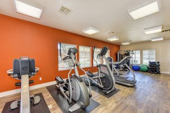Fitness center with orange walls, ellipticals, treadmills, yoga balls and hardwood inspired floors